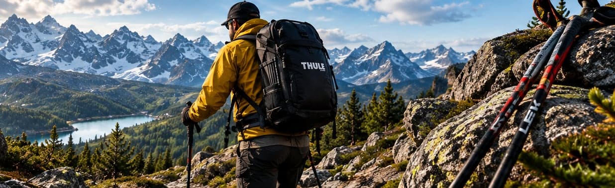 Hiker in a yellow jacket with a Thule backpack and LEKI poles above an alpine lake