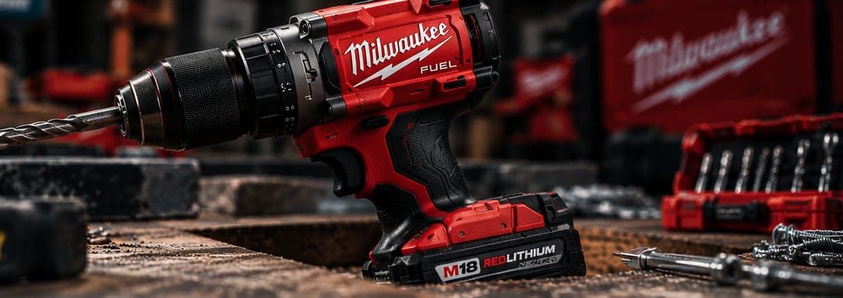 Milwaukee M18 FUEL drill on a workshop bench
