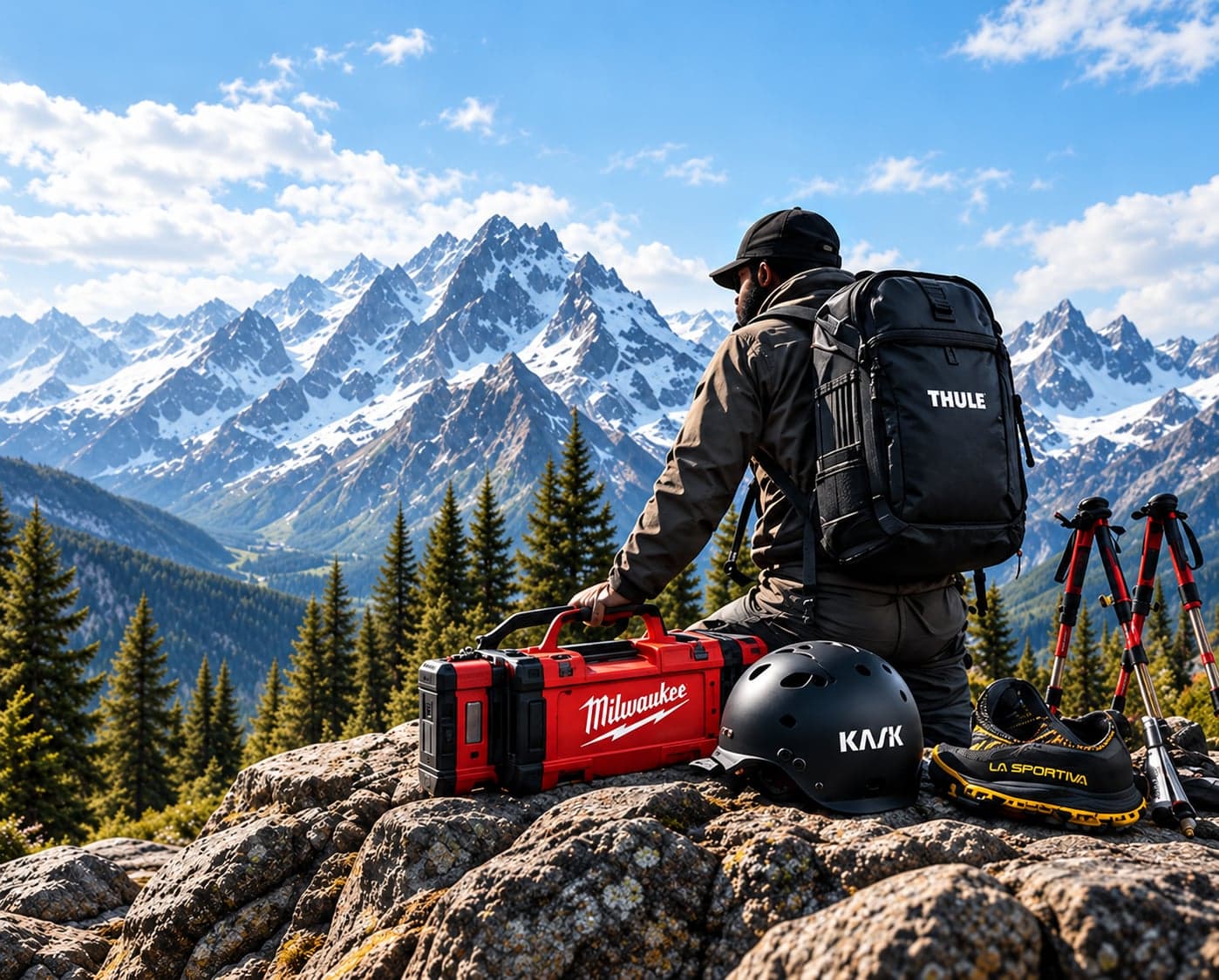 Hiker with a Thule backpack beside a Milwaukee tool case, KASK helmet, La Sportiva footwear and trekking poles in the mountains