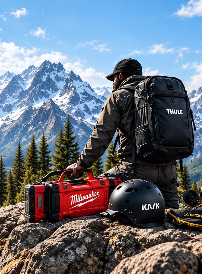 Hiker with a Thule backpack beside a Milwaukee tool case, KASK helmet and La Sportiva footwear