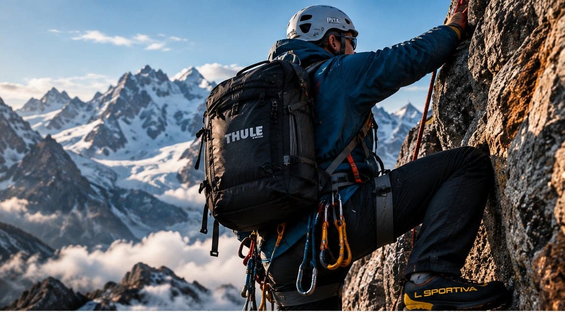 Climber with a Thule pack, helmet and carabiners scaling a rock face above the clouds