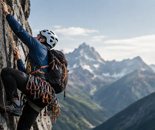 Climber with helmet and carabiners ascending a rock face
