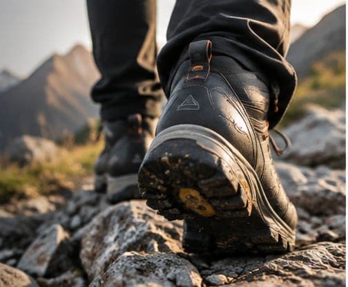 Hiking boot close-up on rocky mountain terrain
