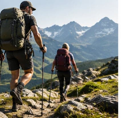 Hikers with packs and trekking poles on a mountain trail