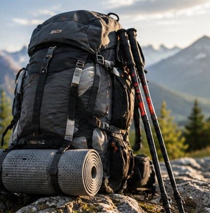 Technical trekking backpack with poles on alpine rocks